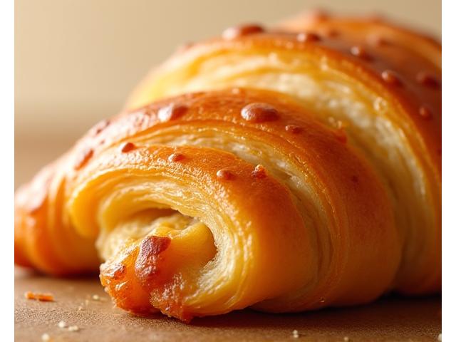 Croissant pur beurre parfaitement doré avec un feuilletage visible.