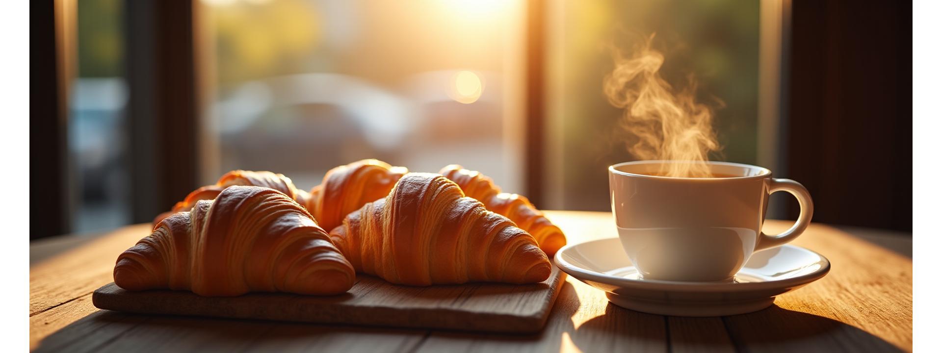 Croissants dorés et café fumant sur une table en bois clair, baignés de lumière matinale.