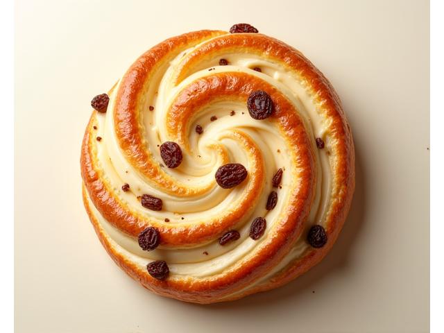 Pain aux raisins en spirale, garni de crème pâtissière et de raisins secs.