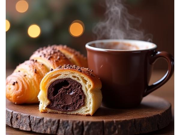Pain au chocolat et tasse de chocolat chaud onctueux.